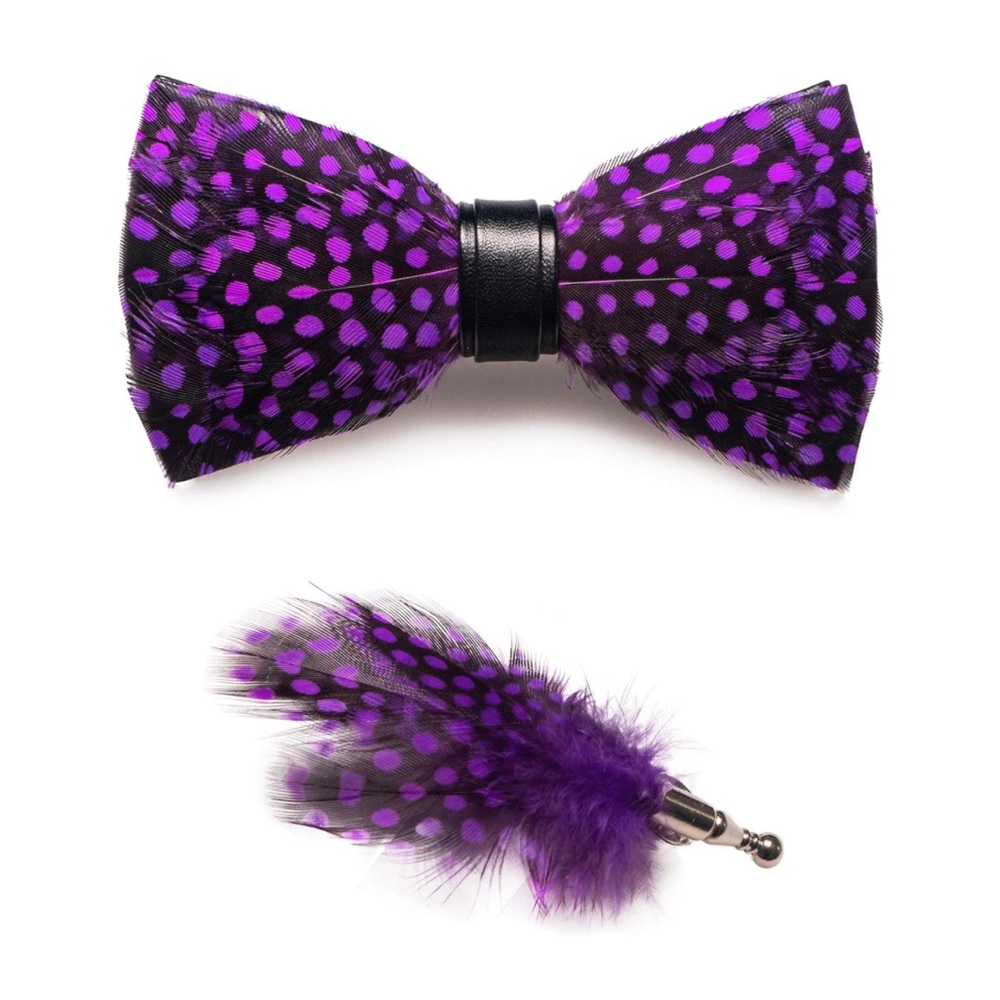 Men’s Handmade Pre Tied Feather Bow tie and Matching Lapel Pin Box Set Purple